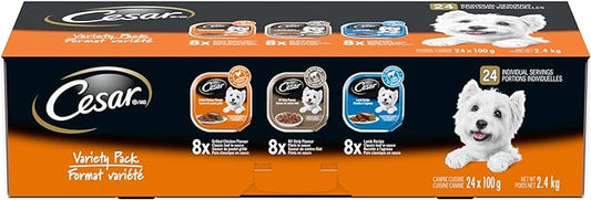 CESAR Classic Loaf in Sauce Adult Wet Dog Food Variety Pack, with 8 Grilled Chicken Flavour, 8 NY Strip Flavour & 8 Lamb Recipe, 24x100g Trays
