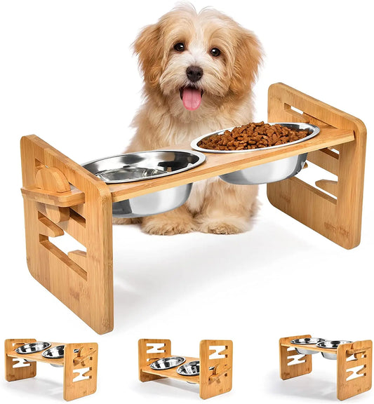 Bamboo Elevated Dog Bowls with Stand Adjustable Raised Puppy Cat Food Water Bowls Holder Rabbit Feeder for Small Medium Pet Dog